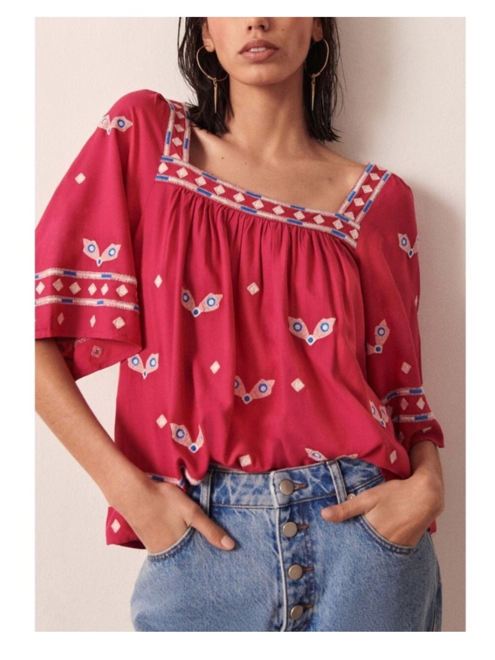 ba&sh Fuchsia Square-Neck Embroidered Boho Blouse